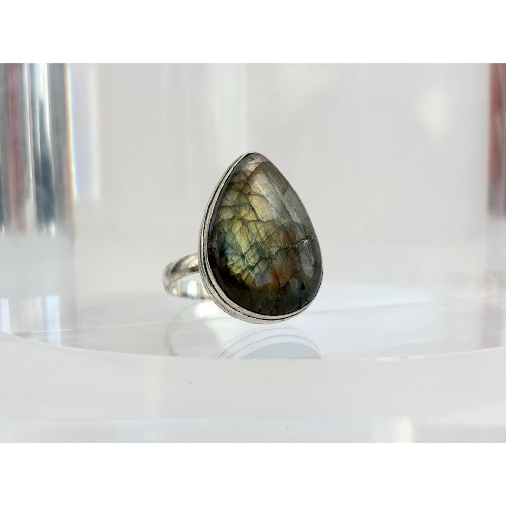 Teardrop Shaped Labradorite Vintage Sterling Silver Cabochon Ring - sz 12 - Picture 3 of 10